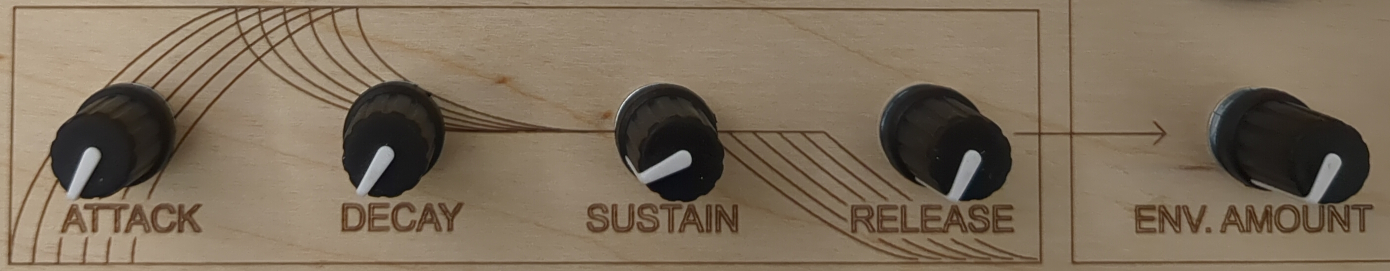 Close up of SQUID-6 envelope generator control knobs.